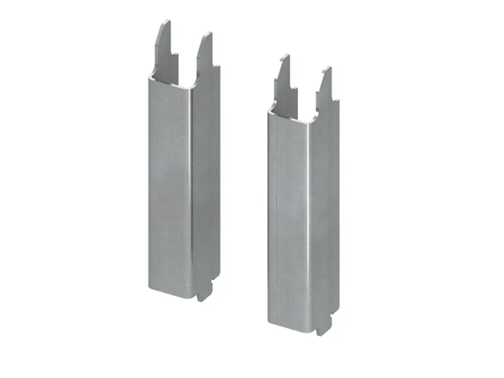 Stahlstrebenset von TECE zur Vergrößerung der Auflagefläche, bestehend aus zwei Metallteilen mit u-förmigen Öffnungen an der Oberseite zur Montage.